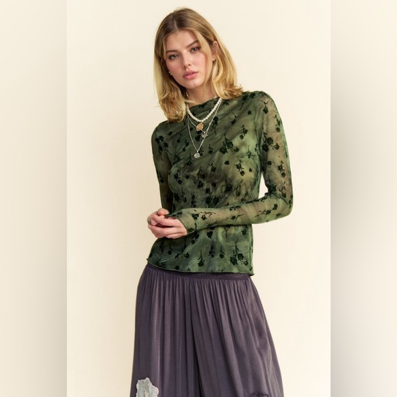 179B. Floral Mesh Long Sleeve Sheer Top - Olive - Picture 3 of 5